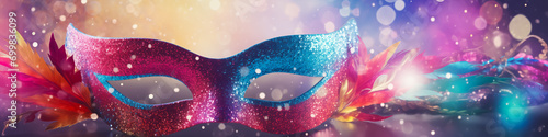 Banner Festive Colorful Masquerade Mask for Carnival. Celebratory Blurred Background with Glitter. Elegant Festival Decor. Holiday Pageant and Mardi Gras Concept. Copyspace, Free Space for Text.