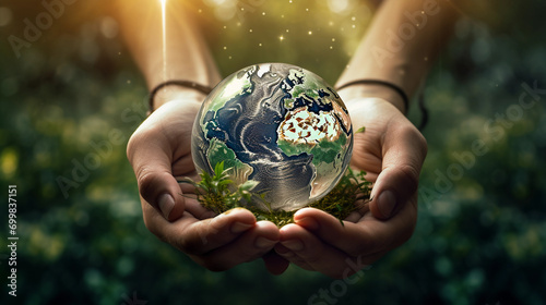 hands holding an earth globe, tiny planet, protecting the earth, ecology, taking care of nature, global warming, human impact on nature, renewable energies, CSR, responsability 