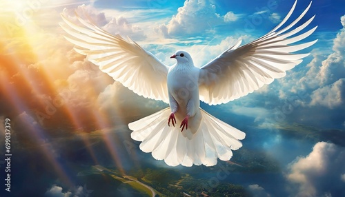 Christian symbols of a holy dove, purity, and peace captured in a spiritual setting, reflecting heaven's serene faith