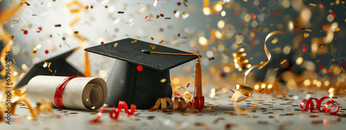  A graduation cap and diploma amidst a shower of confetti captures the celebratory spirit of academic achievement. It’s a moment of pride and joy, reflecting years of hard work and dedication.