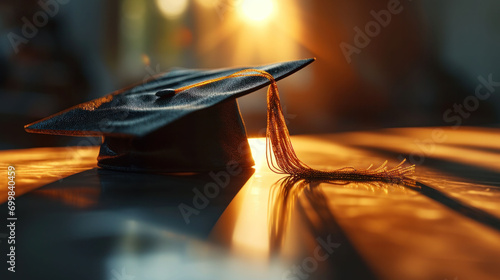 Silhouetted graduation hat on a warm backlit surface. Symbol of academic success and future aspirations at sunset. 