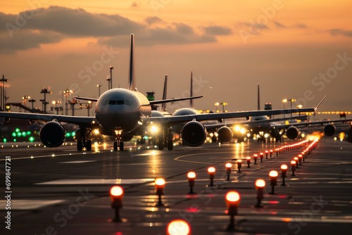 Several large passenger planes are stuck in a traffic jam at a traffic light.