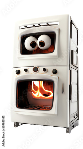 a white oven with eyes and a fire inside