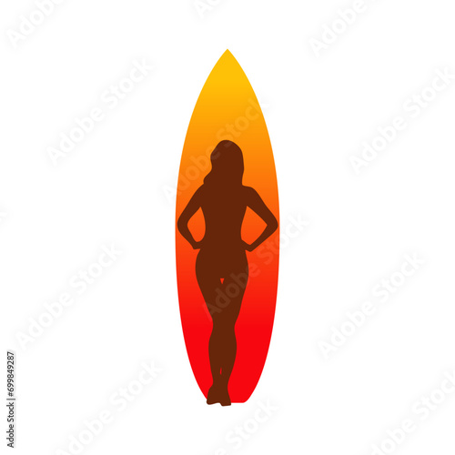 Logo club de surf. Silueta de mujer de pie frente a tabla de surf