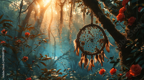 Dream Catcher's Haven: A scene featuring a dream catcher adorned with ethereal feathers, capturing the essence of capturing and weaving dreams