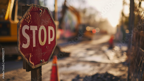A stop sign at a construction site, ensuring worker safety, signboard, blurred background, with copy space