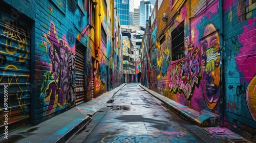 A colorful street art mural in an urban alley, depicting vibrant city life