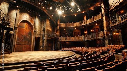 A dramatic theater stage set for a modern adaptation of a Shakespeare play