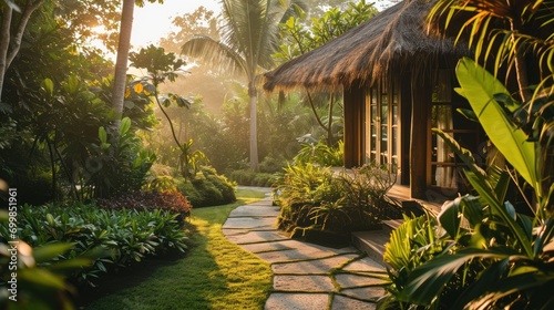 A serene yoga retreat in Bali with thatched pavilions, lush tropical gardens, and meditation spaces