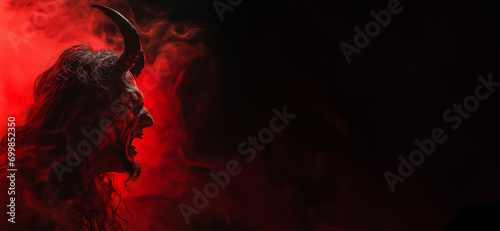 Angry devil profile with copy space for text - black background - yelling, shouting, screaming - god of evil - hell concept art - Leviathan, Astaroth, Mammon, Baal
