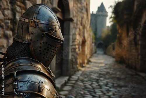 Medieval knight with armor on a street, castle in the background, fantasy concept. Generative AI