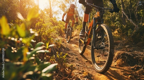 Action-packed mountain biking trail with cyclists navigating challenging terrain