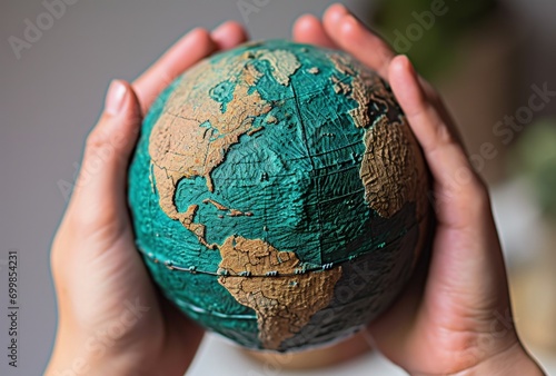 Digital illustration of hand holding earth globe, globalization concept. Generative AI