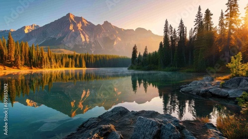 Majestic mountainscape with a reflective lake at sunrise.