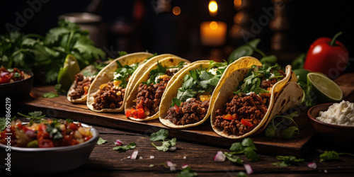 Mexican tacos stuffed with meat and vegetables, national food, delicious appetizer, tortilla, spicy, dish, lunch, dinner, traditional cuisine