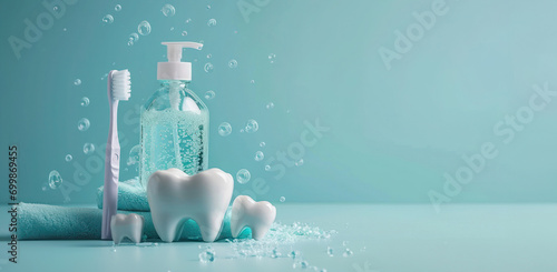 Tooth model, mouthwash and toothbrush with on pastel blue background. People's dental hygiene, banner.