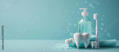 Tooth model, mouthwash and toothbrush with on pastel blue background. People's dental hygiene, banner.