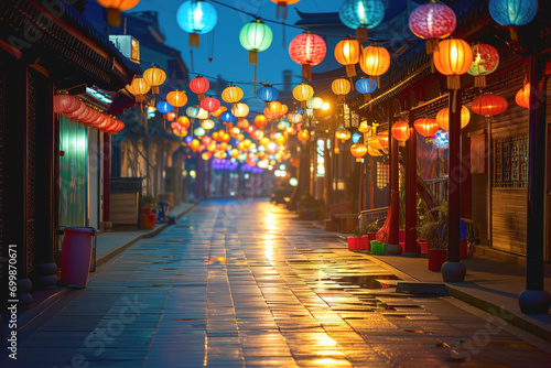Paper lanterns hanging and decorating an empty street at dawn. Cozy and festive atmosphere during Chinese New Year.
