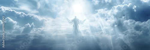 Resurrected angel ascending to heavenly light, surrounded by clouds, symbolizing god s second coming