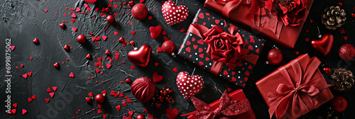 Valentine's day flat lay theme with gift boxes and hearts on a black background