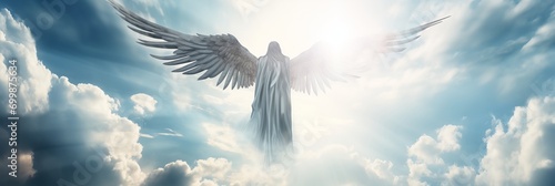Resurrected angel ascending to heaven with bright sky, clouds, and god second coming concept