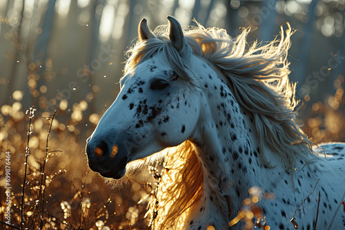 White horse with black spots palomino running in a flower field in golden sunlight