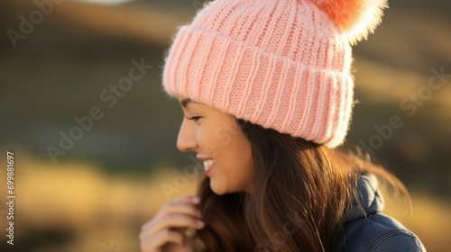 Closeup of a Peach Fuzzcolored knit beanie with a playful pompom on top.