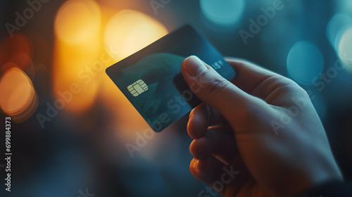 Hand holding a bank card mockup, the bank card mockup has a chipset for scanning and paying. can pay online.