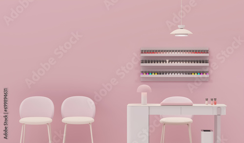 Beauty spa nail salon on pastel pink color trend 2024 background. Nail Bar and beauty salon for women and men. Place for manicure and nail care, pedic