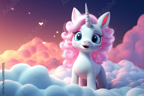 3d cute cartoon glowing unicorn, nature background