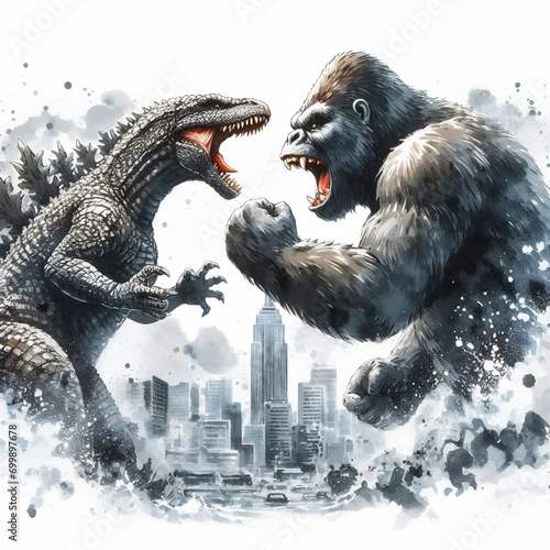 Godzilla vs King Kong in watercolor style illustration