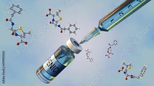 3D rendering of penicillin G or Benzilpenisilin molecules with medical syringe and injectable drug