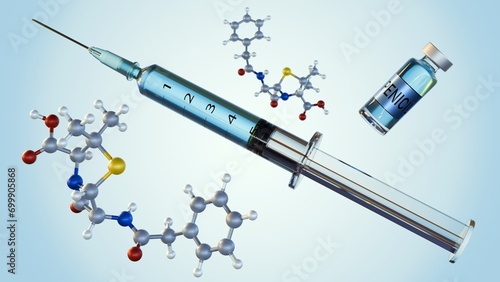 3D rendering of penicillin G or Benzilpenisilin molecules with medical syringe and injectable drug