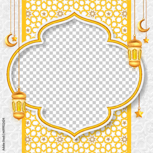 Islamic social media post with empty space for photo decorative lantern ornament and pattern background