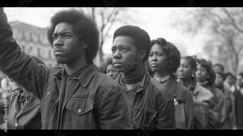 Black and white image of individuals demonstrating, suitable for Black History Month and themes of empowerment and civil rights.