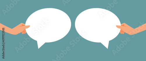 People Holding Speech Bubbles Vector Cartoon Illustration. Couple having a productive talk completing each other sentences 
