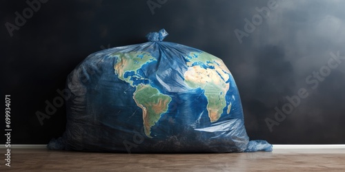 Earth like a trash bag. Global catastrophe concept (pollution, garbage, plastic, greenhouse effect, global warming are destroying our planet).