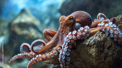 Octopus clinging to aquarium rocks.