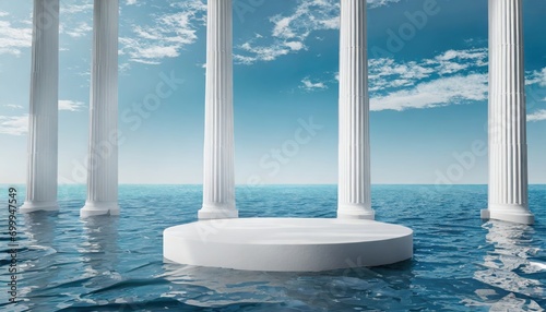 A product display podium on the sea with the white column pillars.