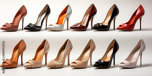 several women's high heel shoes in various sizes and designs, against a white background to evoke the idea of a diverse shoe collection. Chic and Trendy High Heel Shoe Collection