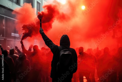 Men holding red flare smoke or smoke bombs during demonstrations