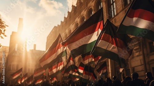 Palestinians participating in a protest demonstration while holding flags