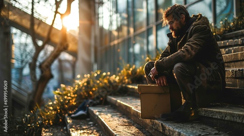 A man lost his home and lost work, became bankrupt, sits sad on the street among cardboard boxes with things