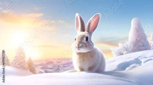 easter bunny on ice in winter with back of shining sun