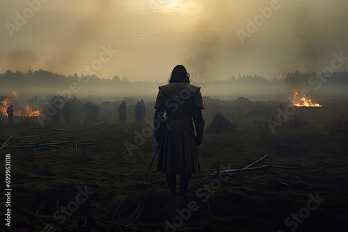 The warrior is looking at the enemy standing in the middle of a battlefield.