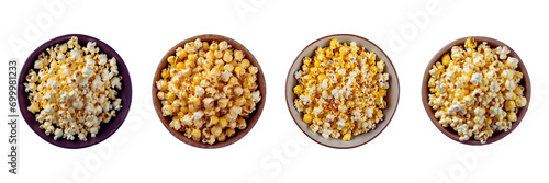 Set of Four Bird's eye view and trimmed photo of a popcorn dish, isolated over on transparent background.