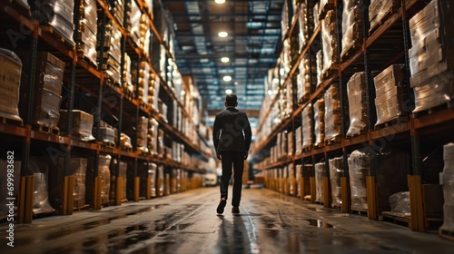 A businessman works to inspect merchandise while walking through a distribution warehouse.