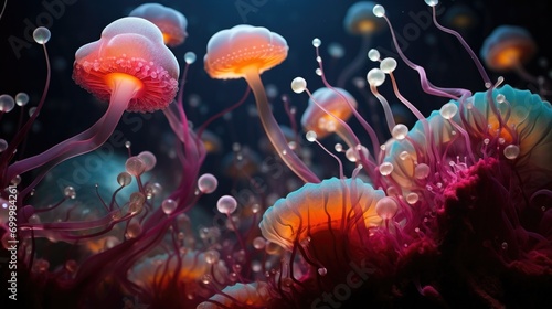 A group of jellyfishs floating in the ocean. Generative AI.