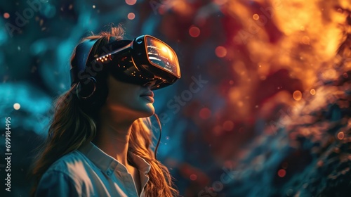 Girl uses virtual reality headset, universe sky game technology