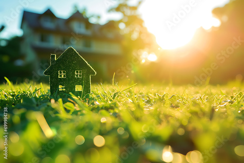 Conceptual Image of an Environmentally Friendly Home and Sustainable Construction. A House Icon Nestled on a Vibrant Green Lawn, Bathed in the Radiant Glow of the Sun